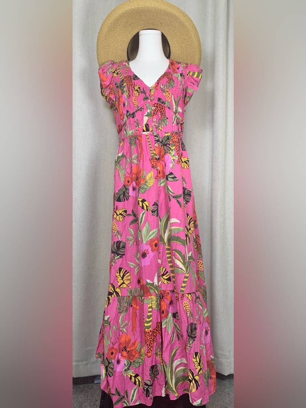 Easel Pink Tropical Jungle Print Maxi Dress | Boho Flutter Sleeve | Medium - Picture 2 of 7
